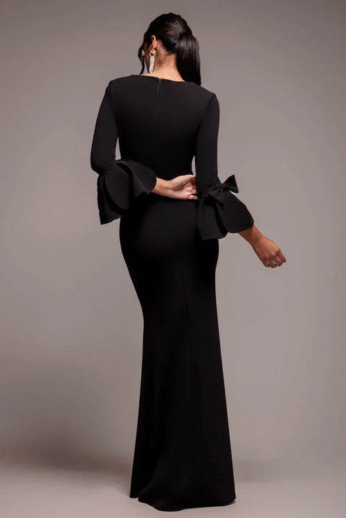 Black Crepe Mermaid Floor-Length Dress with Square Neck & Structured Bow Sleeves