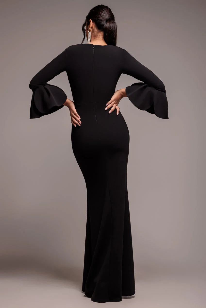 Black Crepe Mermaid Floor-Length Dress with Square Neck & Structured Bow Sleeves