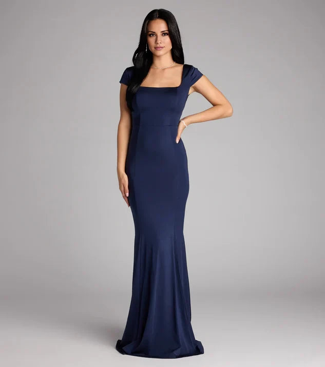 Classic Square Neck Sleeveless Tie-Back Mermaid Floor-Length Evening Dress