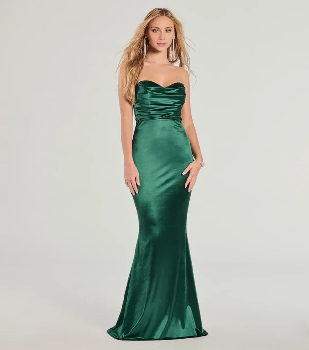 Classic Strapless Cowl Neck Sleeveless Back Zip Satin Mermaid Floor-Length Evening Dress
