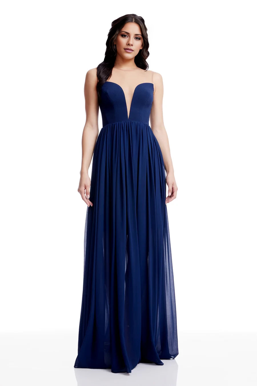 Classic Strapless Deep V-Neck Off the Shoulder Sleeveless Sheer Back Chiffon Floor-Length Evening Dress