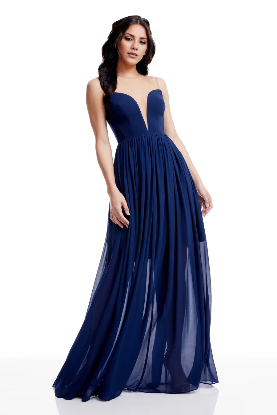 Classic Strapless Deep V-Neck Off the Shoulder Sleeveless Sheer Back Chiffon Floor-Length Evening Dress