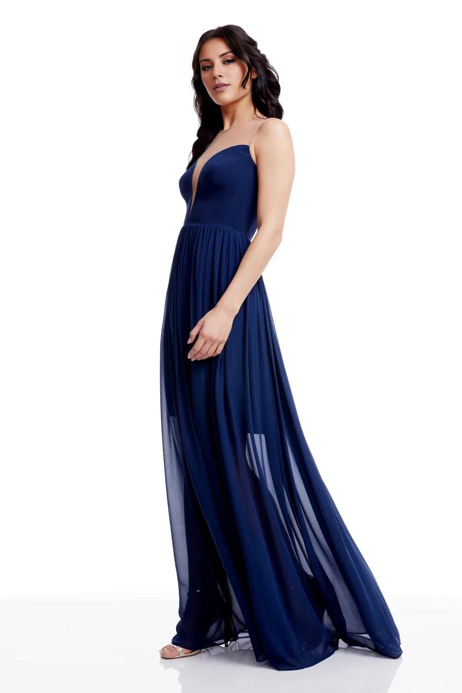 Dark Navy Chiffon A-Line Floor-Length Bridesmaid Dress with V-Neck