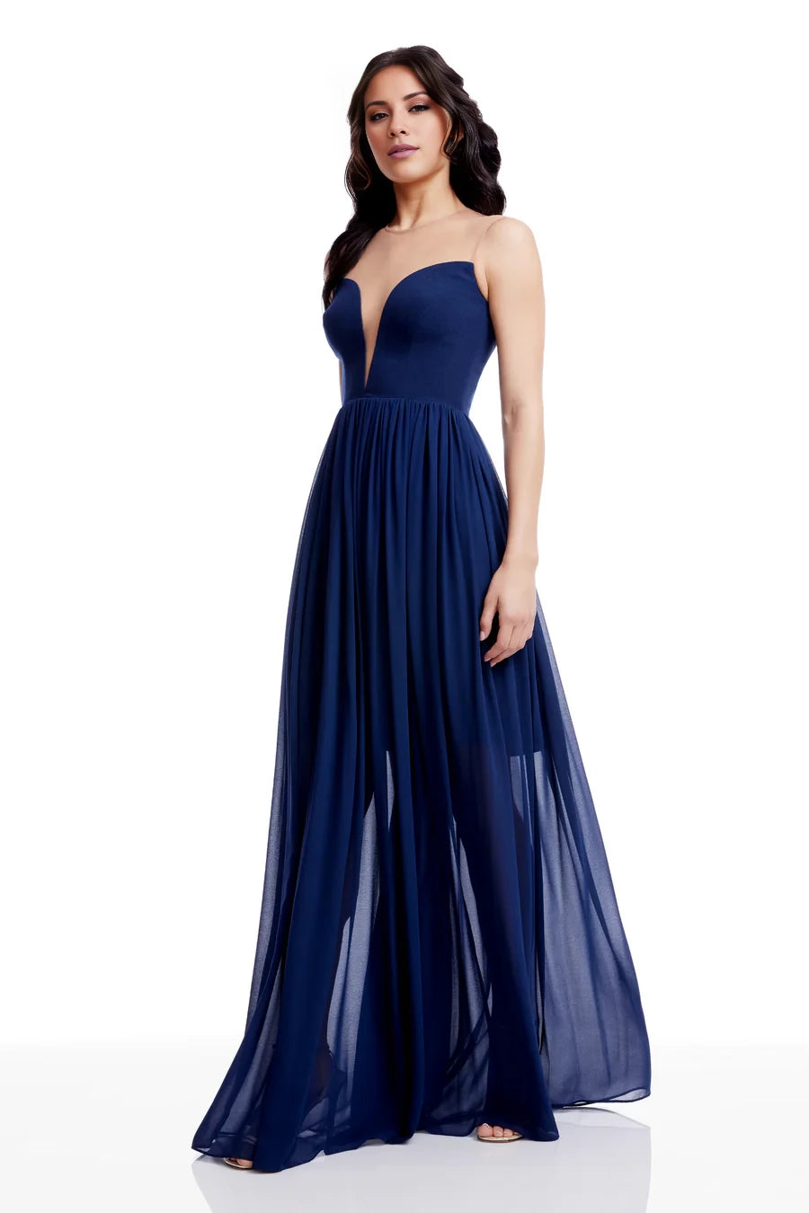 Classic Strapless Deep V-Neck Off the Shoulder Sleeveless Sheer Back Chiffon Floor-Length Evening Dress