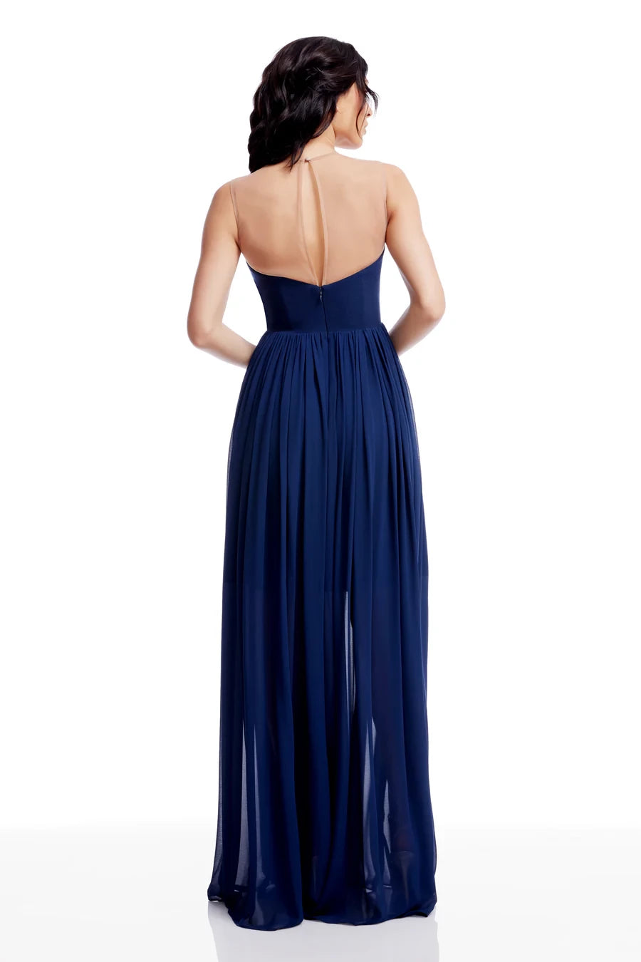 Dark Navy Chiffon A-Line Floor-Length Bridesmaid Dress with V-Neck