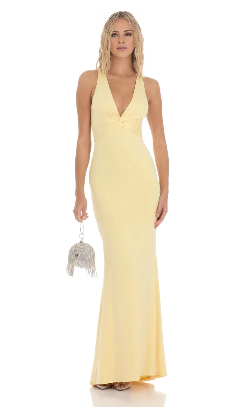 Vestido de fiesta Jimiss con cuello halter, hombros descubiertos, sin mangas, espalda descubierta y largo hasta el suelo