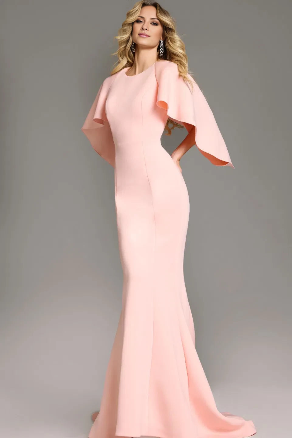 Classic mermaid silhouette shawl sleeves and floor length evening dress