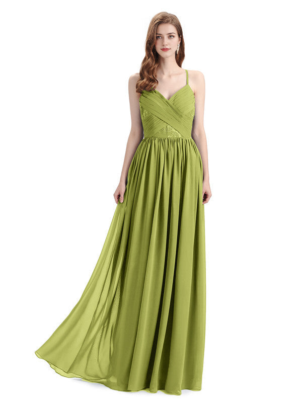 Elegantes vestidos de dama de honor de gasa con tirantes finos, corte A, escote en V y largo hasta el suelo