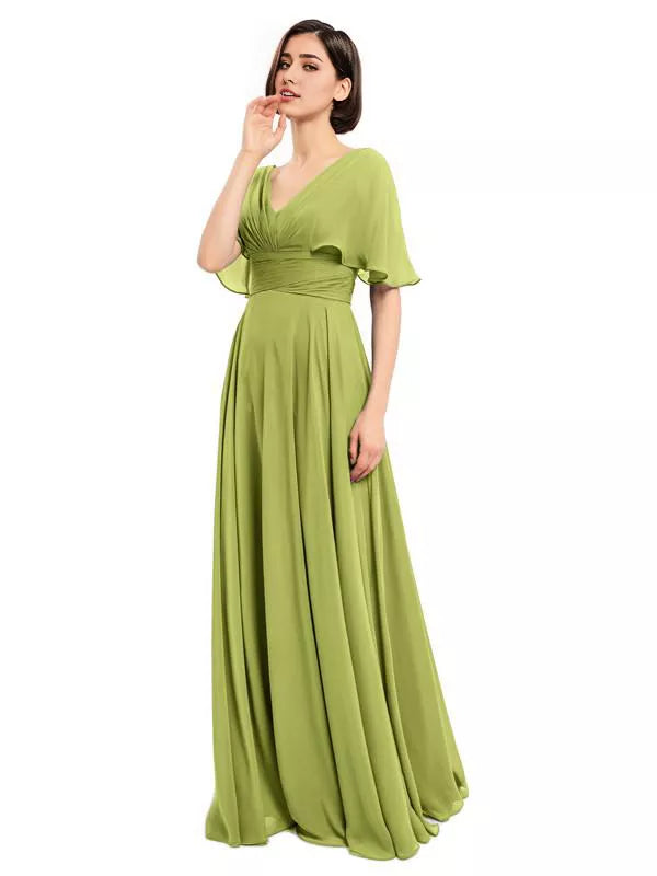 Elegantes vestidos largos de dama de honor de gasa con escote en V y mangas cortas