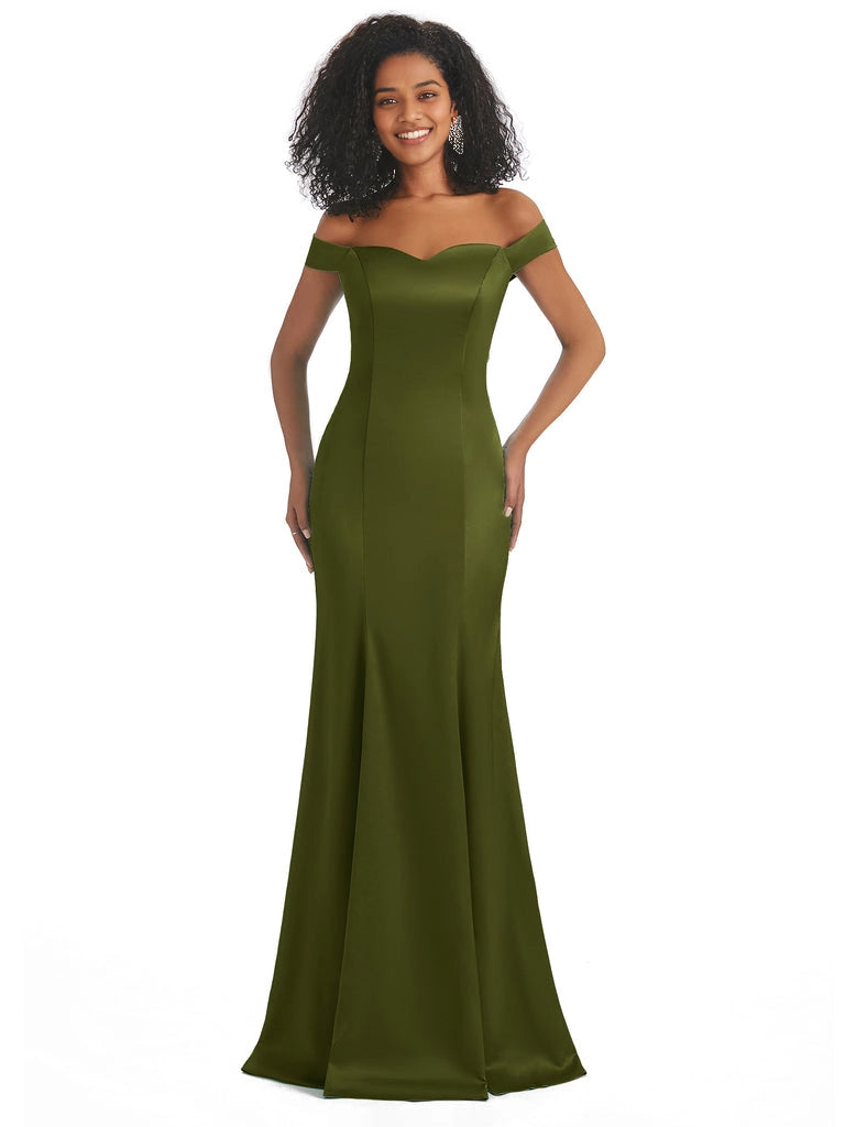 Vestidos de dama de honor largos, sencillos, de satén suave, sin mangas y con hombros descubiertos, de corte sirena