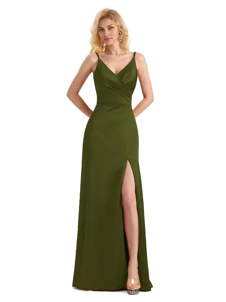 Vestido de dama de honor largo, formal, cruzado, sin mangas, con escote en V y abertura lateral de satén suave y sencillo