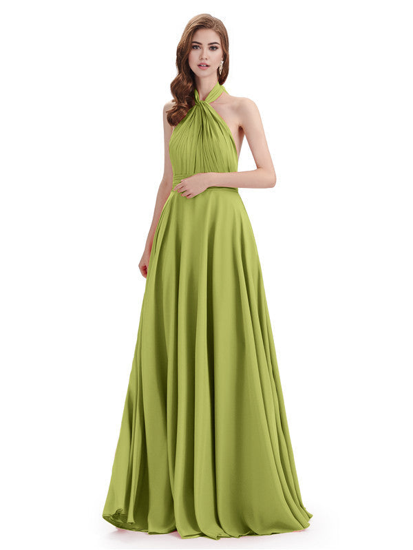 Vestidos de dama de honor sencillos de corte A, cuello alto, halter, sin mangas, plisados, de gasa, hasta el suelo