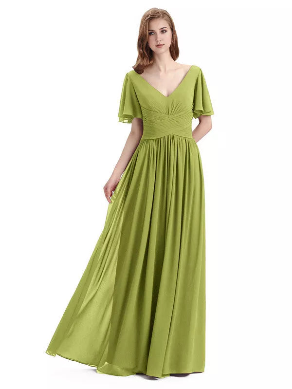 Vestidos de dama de honor elegantes de gasa con escote en V, mangas cortas y largo hasta el suelo