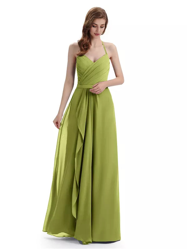 Encantadores vestidos de dama de honor con escote en V, hombros descubiertos, sin mangas y hasta el suelo