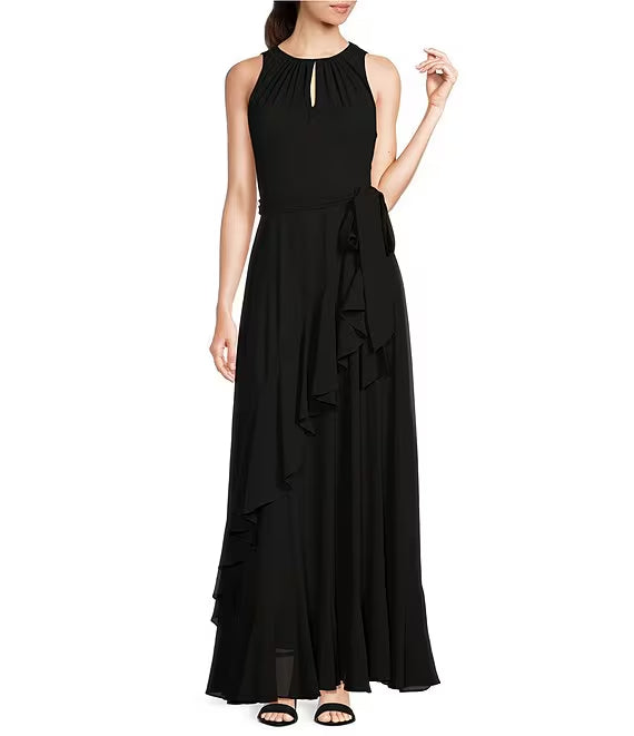 Black Chiffon Halter A-Line Floor-Length Evening Dress