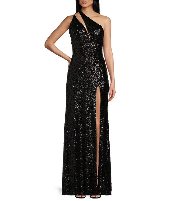 Black Sequin One Shoulder Sheath Floor-Length Dress with High Slit
