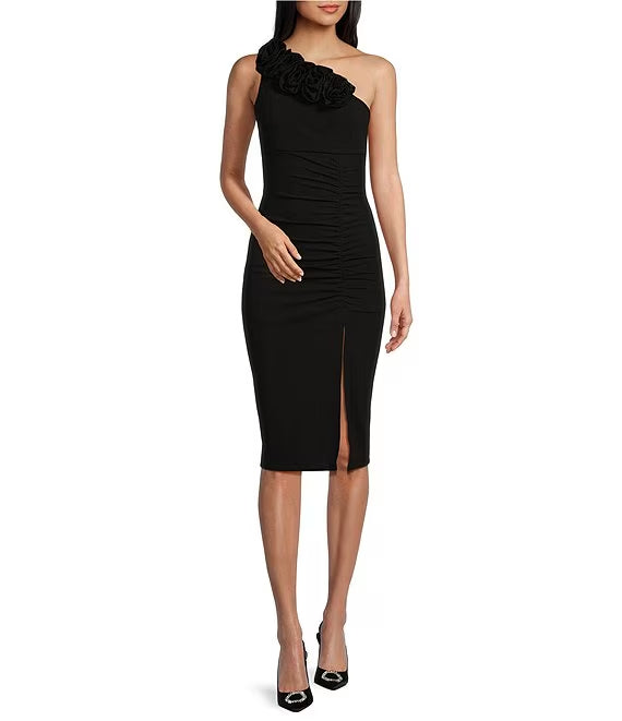 One shoulder rose front slit with medium length prom dress