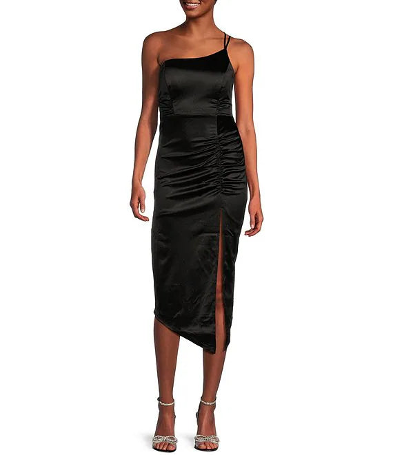 One shoulder pleated side slit satin mid length prom dress