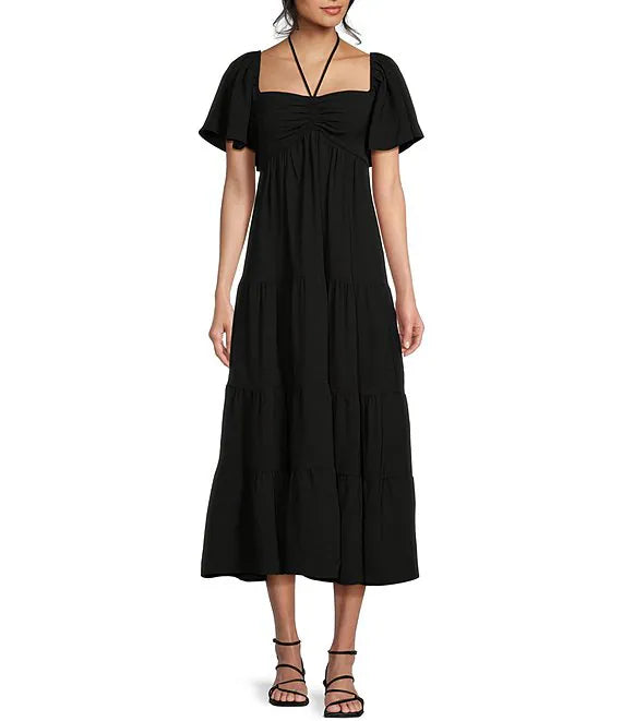 Vestido de fiesta extra largo con capas, manga corta y lazo en el cuello