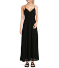 Black Chiffon A-Line Floor-Length Dress with V-Neck, Ruched Bodice and Tiered Skirt