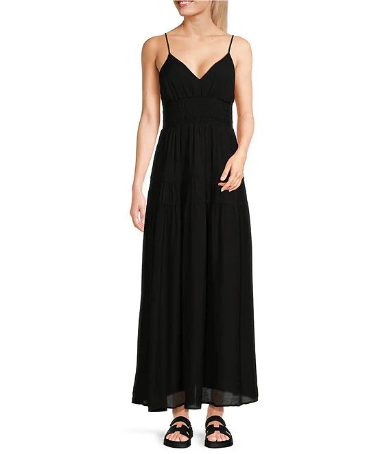Black Chiffon A-Line Floor-Length Dress with V-Neck, Ruched Bodice and Tiered Skirt
