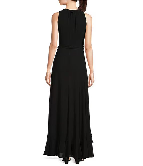 Vestido de noche extra largo con cintura con cordones y dobladillo con volantes en capas.