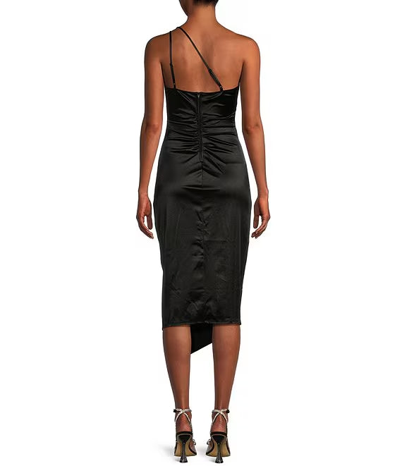 One shoulder pleated side slit satin mid length prom dress