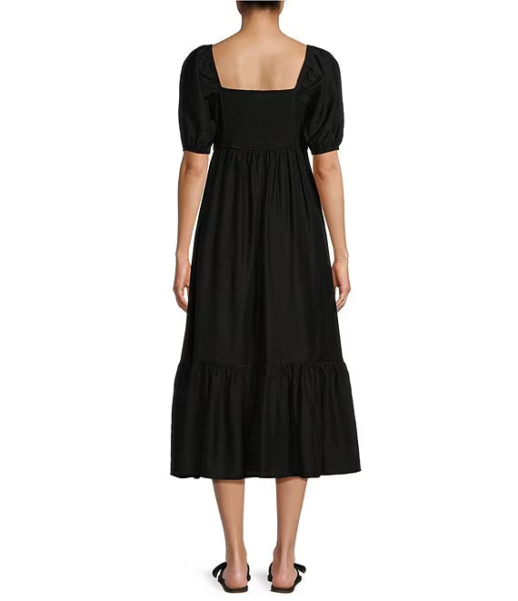 Mid length prom dress with pleated lantern sleeves