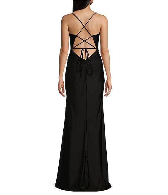 Black Satin Cowl Neck Sheath/column Floor-Length Evening Dress