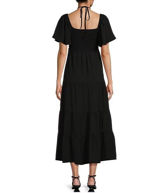 Vestido de fiesta extra largo con capas, manga corta y lazo en el cuello