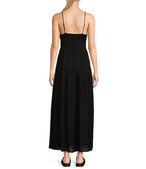 Black Chiffon A-Line Floor-Length Dress with V-Neck, Ruched Bodice and Tiered Skirt
