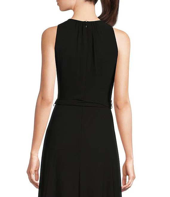 Sleeveless lace up waist with layered ruffle hem for extra long evening dress