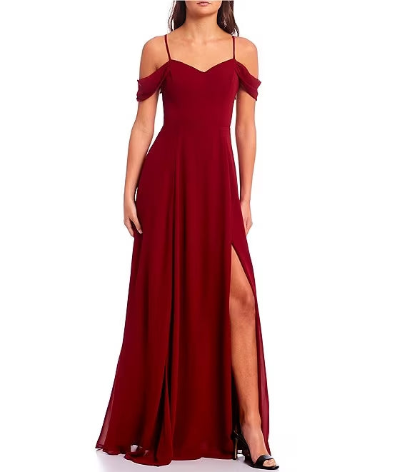 Burgundy Chiffon A-Line Floor-Length Bridesmaid Dress with Off-the-Shoulder Drapes