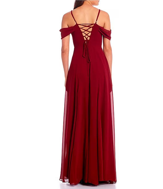 Burgundy Chiffon A-Line Floor-Length Bridesmaid Dress with Off-the-Shoulder Drapes