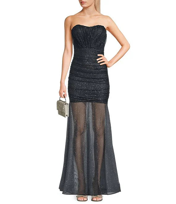 Strapless sequin pleated fishtail prom dress