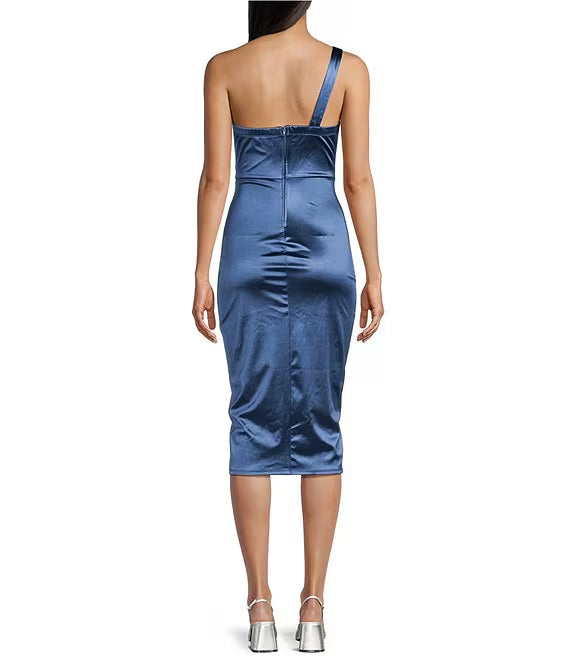 One shoulder synthetic wrap mid length prom dress