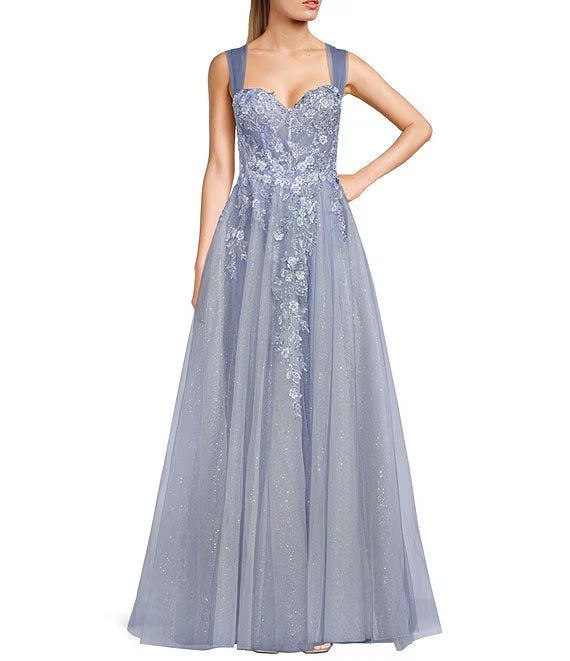 Mesh shoulder straps beaded floral stickers tight fitting corset evening dress