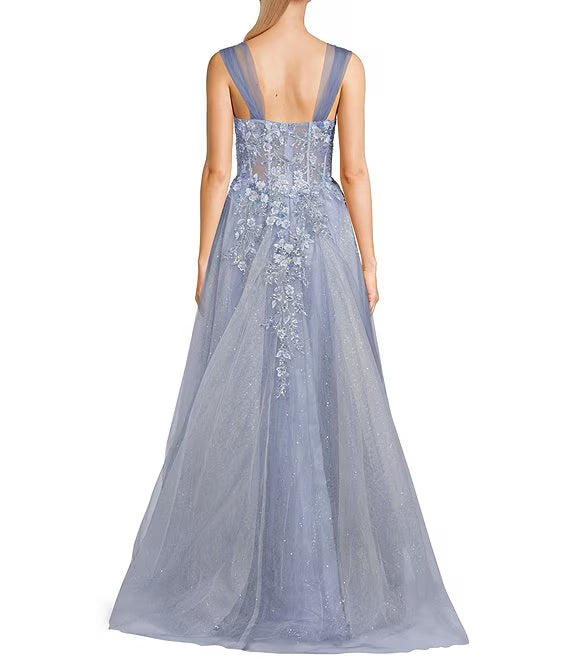 Mesh shoulder straps beaded floral stickers tight fitting corset evening dress