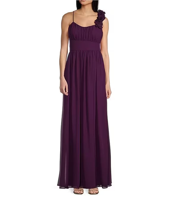 Purple Chiffon A-Line Floor-Length Bridesmaid Dress with Ruched Sweetheart and Floral Shoulder Detail