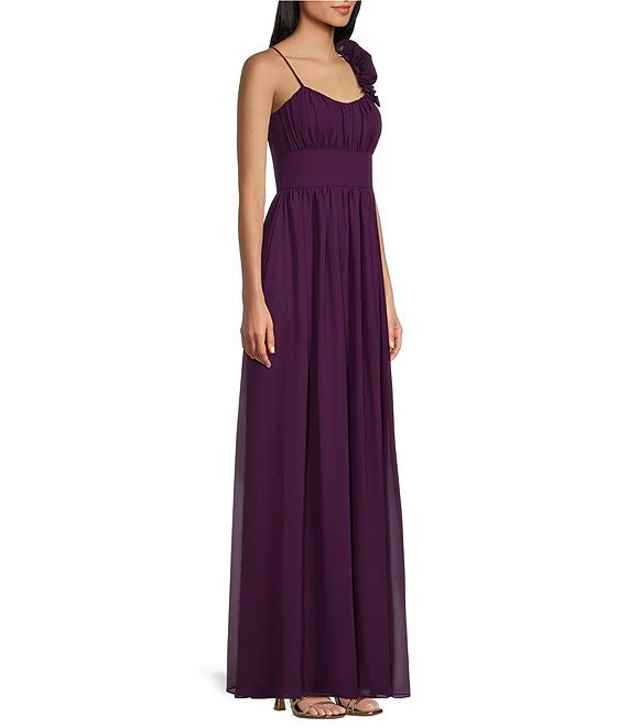 Purple Chiffon A-Line Floor-Length Bridesmaid Dress with Ruched Sweetheart and Floral Shoulder Detail