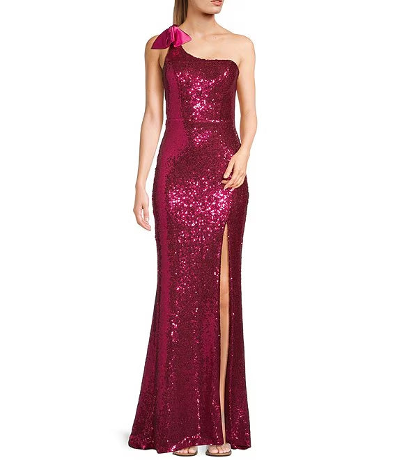 Sequin bow straight shoulder front slit long prom dress