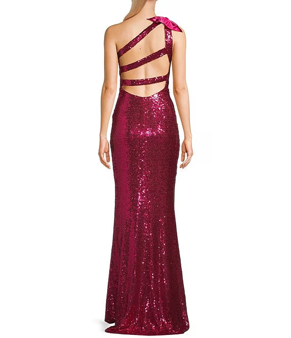 Sequin bow straight shoulder front slit long prom dress