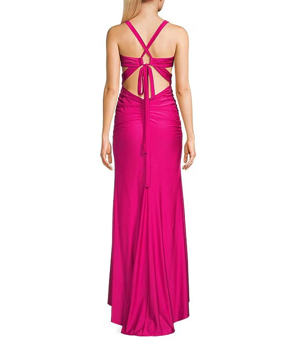 Vestido de fiesta largo de satén con escote en V