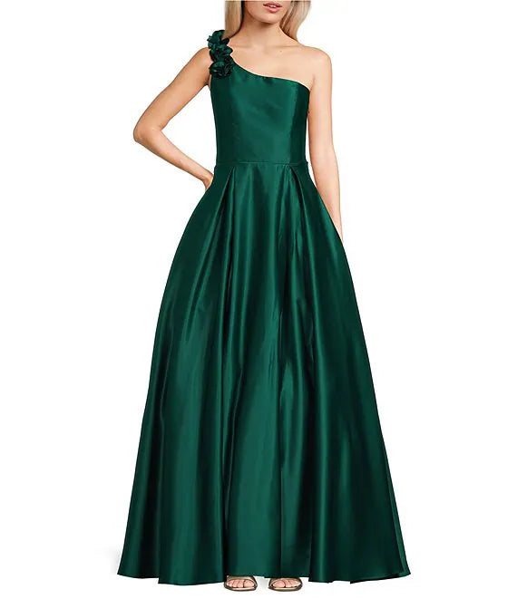 Vestido de fiesta asimétrico de satén con un solo hombro y nudo rosa