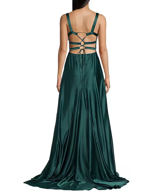 Off shoulder collar back slit long evening dress
