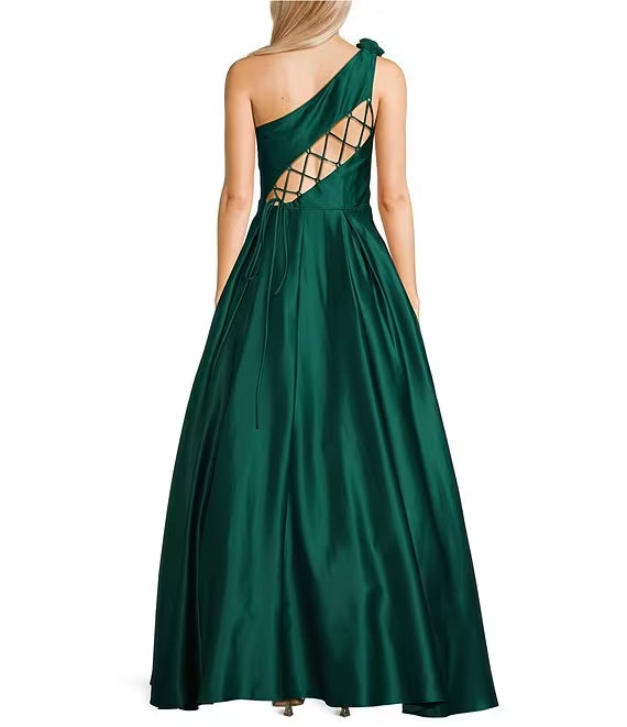 Vestido de fiesta asimétrico de satén con un solo hombro y nudo rosa