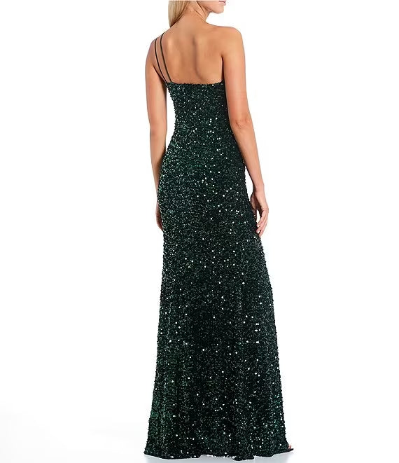 Emerald Sequin One Shoulder Sheath/column Floor-Length Evening Dress