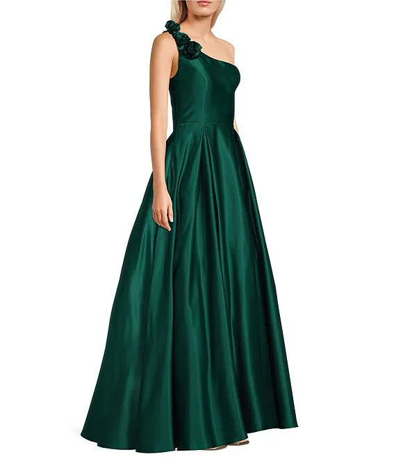 Vestido de fiesta asimétrico de satén con un solo hombro y nudo rosa