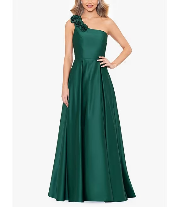 Vestido de fiesta asimétrico de satén con un solo hombro y nudo rosa