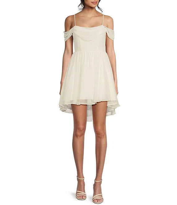 Playful Ivory Chiffon Off-the-Shoulder Short A-Line Dress for Homecoming & Cocktail Parties